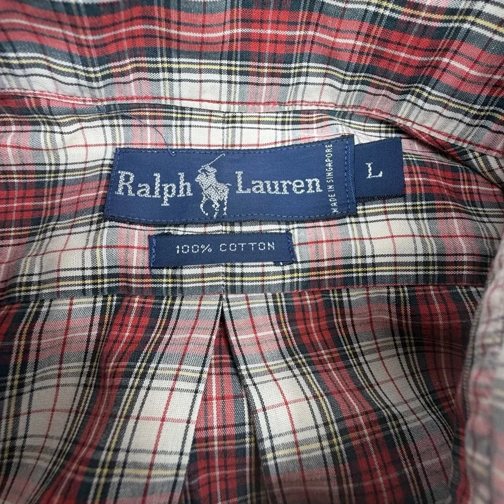 Ralph Lauren Mens L Classic Fit Red‎ Plaid Button Down Shirt Short Sleeve EUC